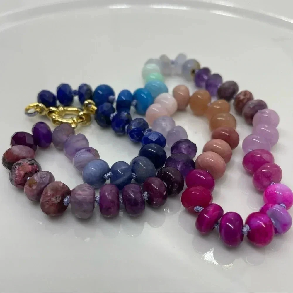 Rainbow hand knotted beaded gemstone necklace 18” blue pink purple 925 silver - Picture 2 of 7